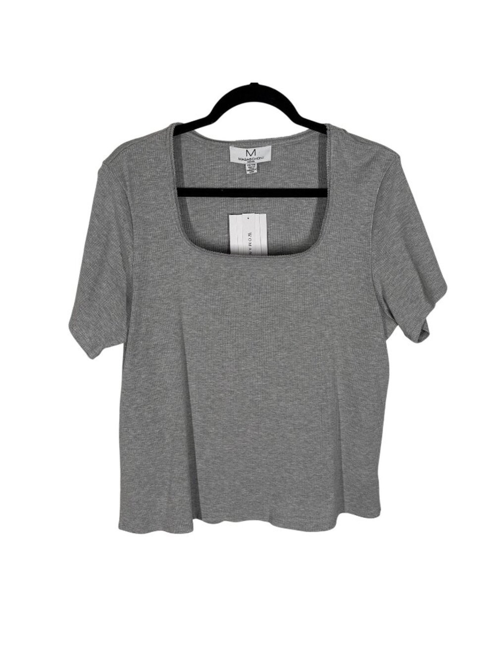 Magaschoni  Women Plus SZ 2X Light Heather Gray Ribbed S/S Square Neck Top NWT